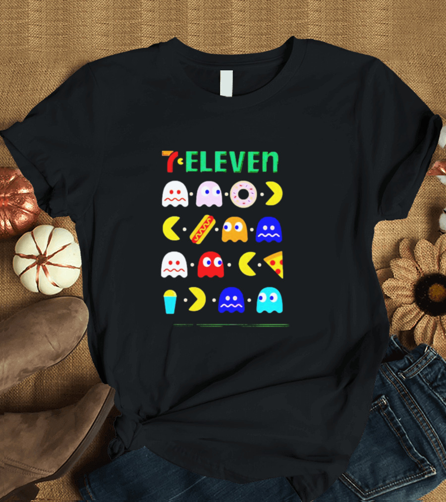 7 Eleven Pac Man Ghosts Donut Hot Dog Pizza Icons T-Shirt