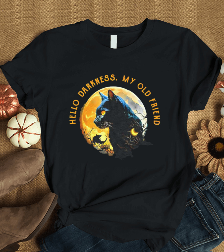 Black Cat Hello Darkness My Old Friend Moon Scene T-Shirt