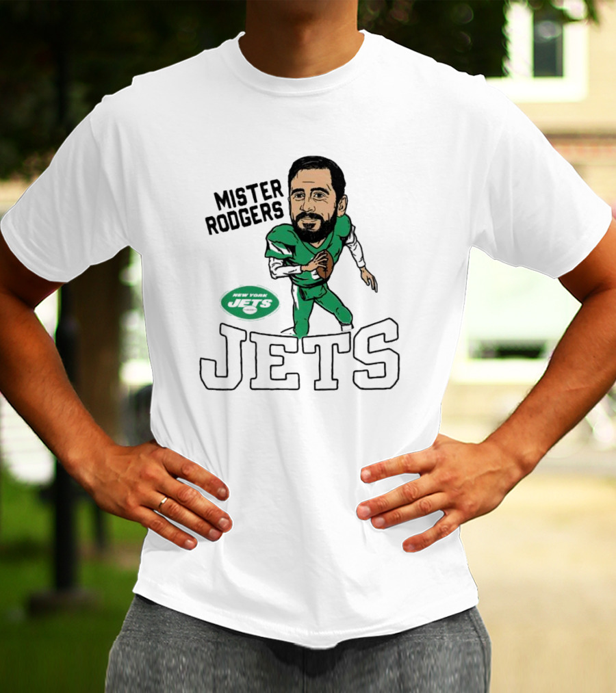 Mister Rodgers New York Jets Aaron Rodgers Caricature T-Shirt