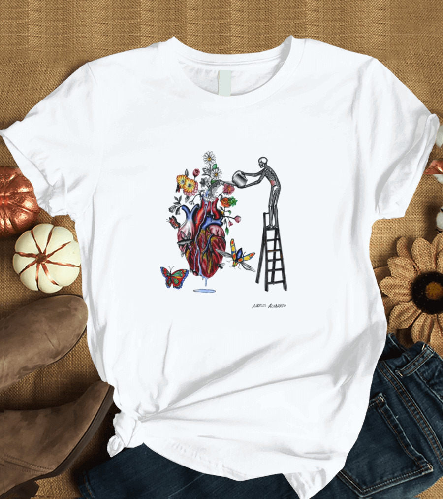 Skeleton Watering Yourself Heart Vase By Laro Amaral T-Shirt