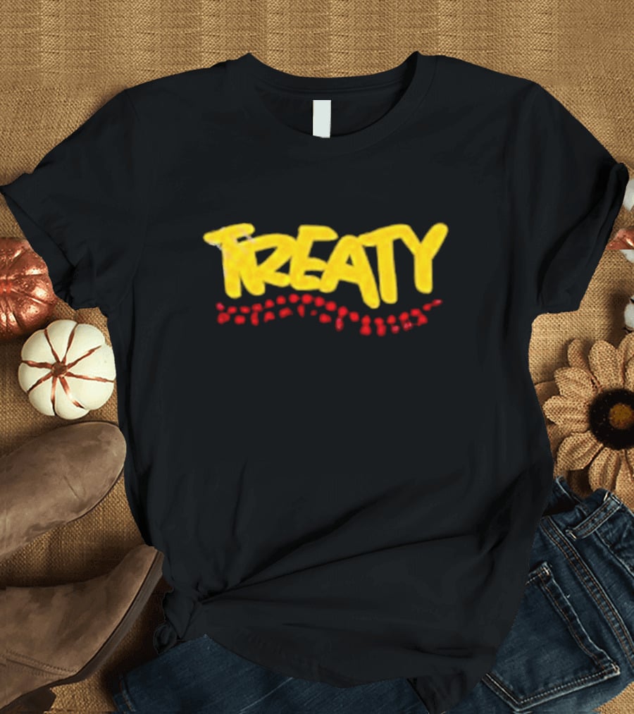 Treaty Dreamtime Aroha Yellow Text With Red Dots T-Shirt