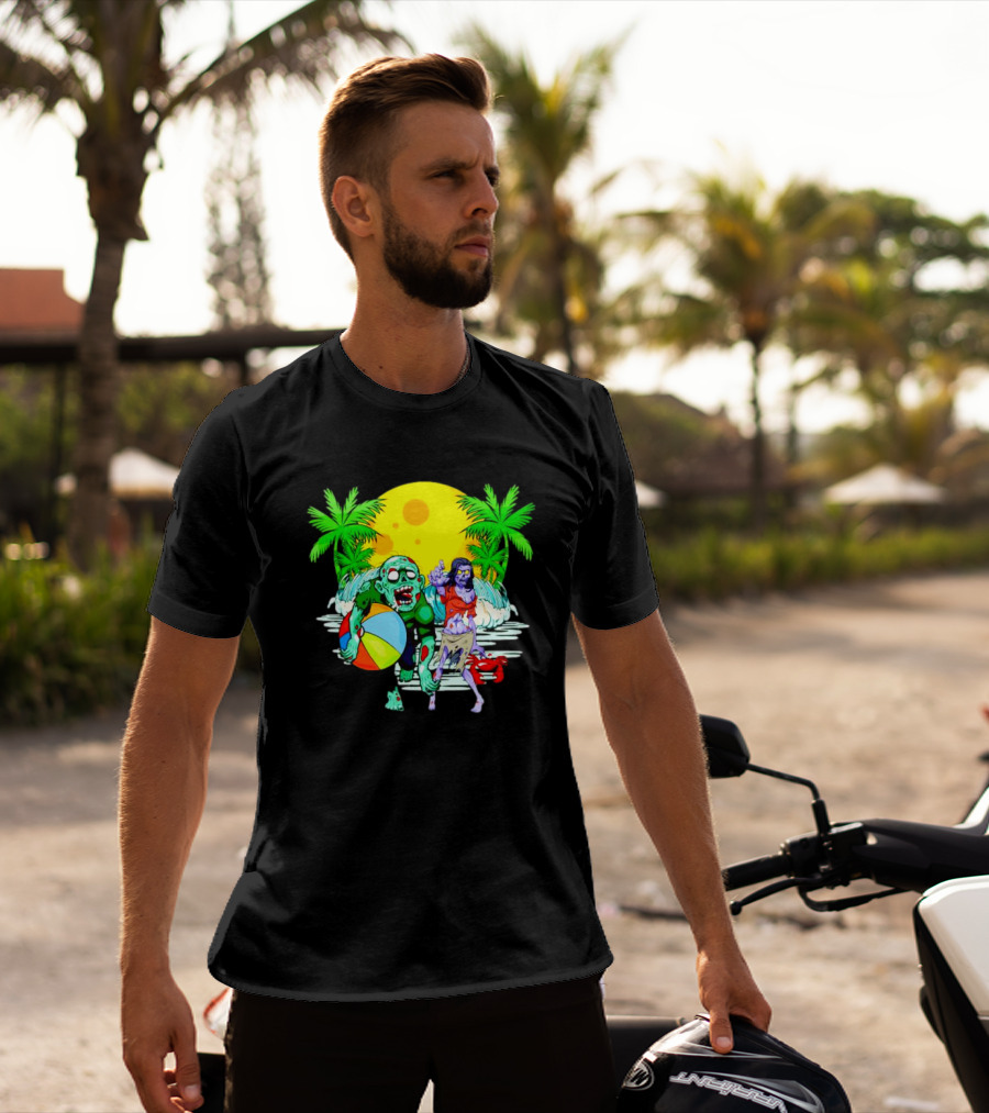 Zombie Beach Party Under Palm Trees With Beach Ball And Surf Waves T-Shirt