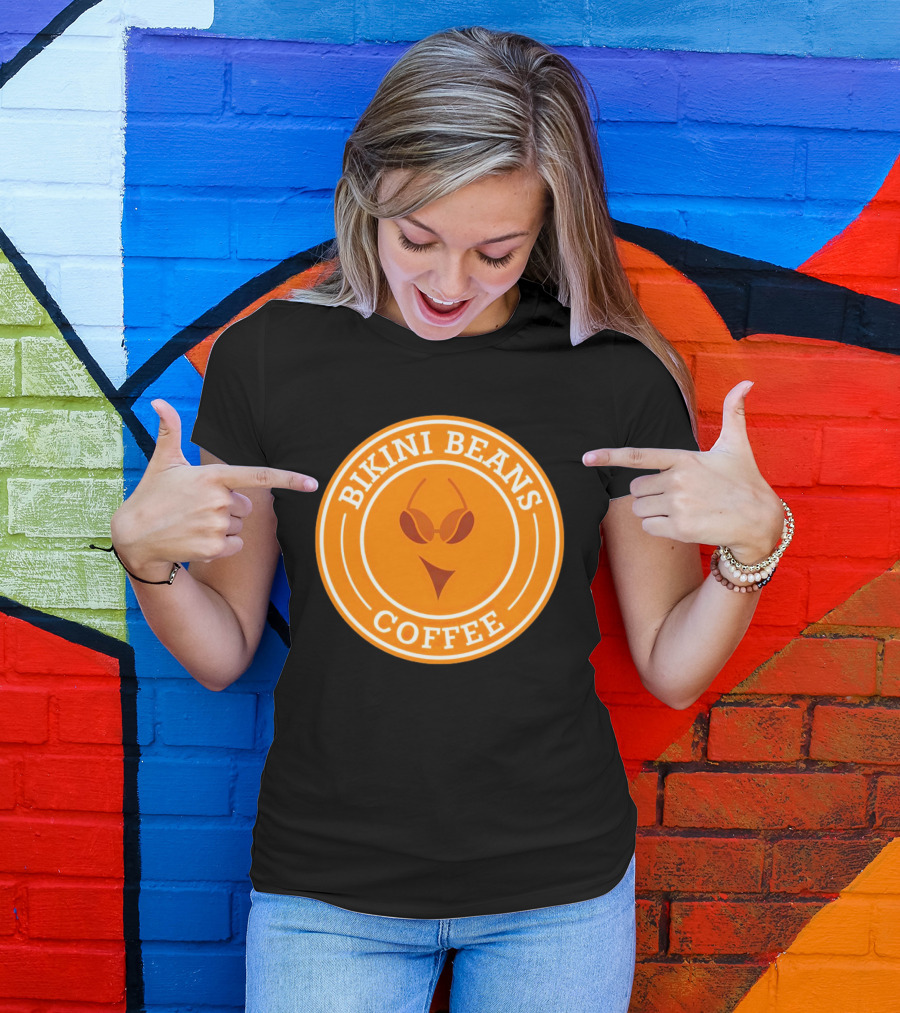 Bikini Beans Coffee Circular Logo With Sunglasses And Orange Background T-Shirt