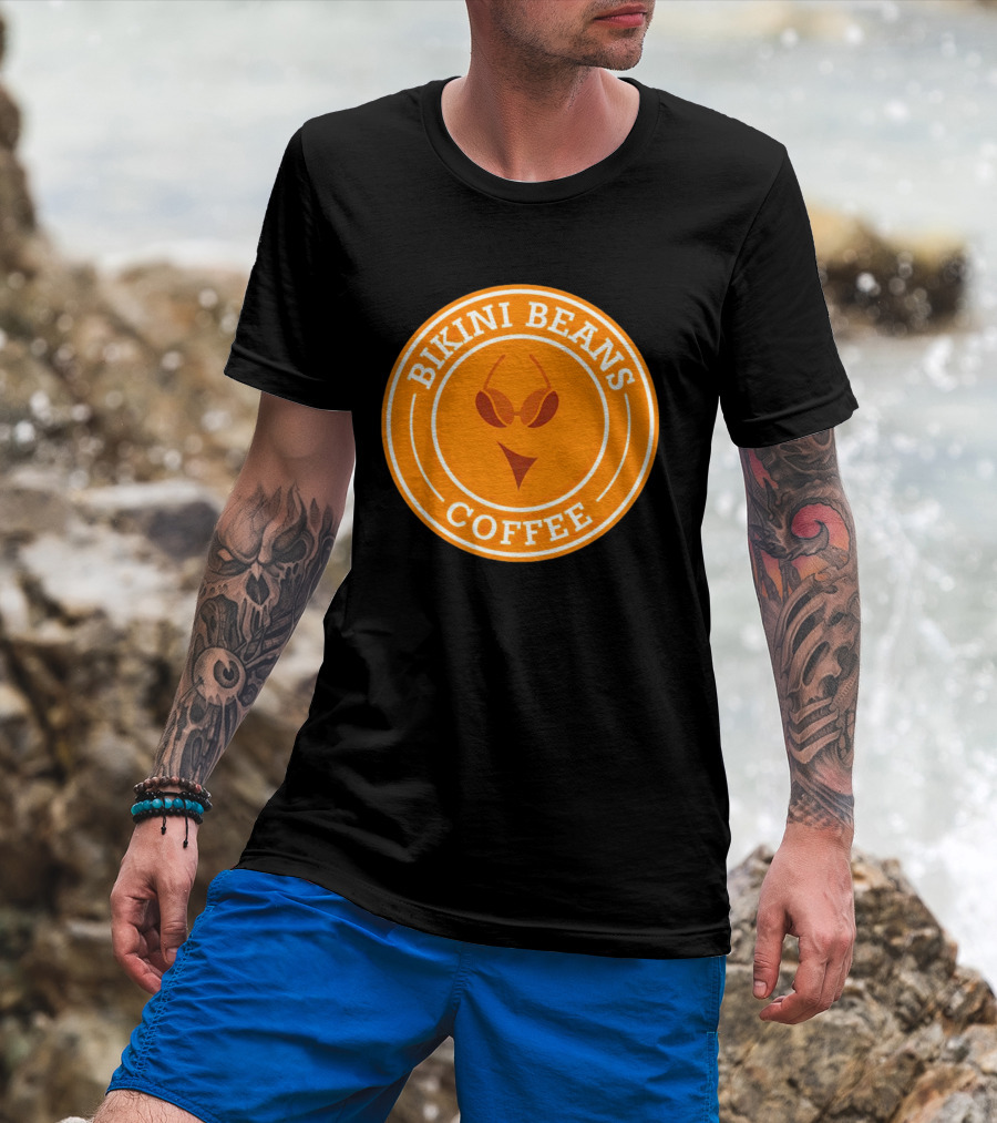 Bikini Beans Coffee Circular Logo With Sunglasses And Orange Background T-Shirt