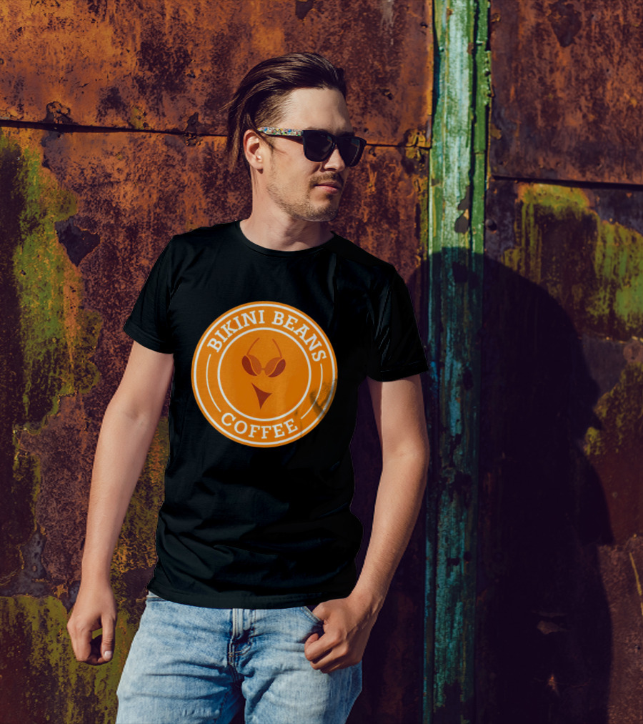 Bikini Beans Coffee Circular Logo With Sunglasses And Orange Background T-Shirt