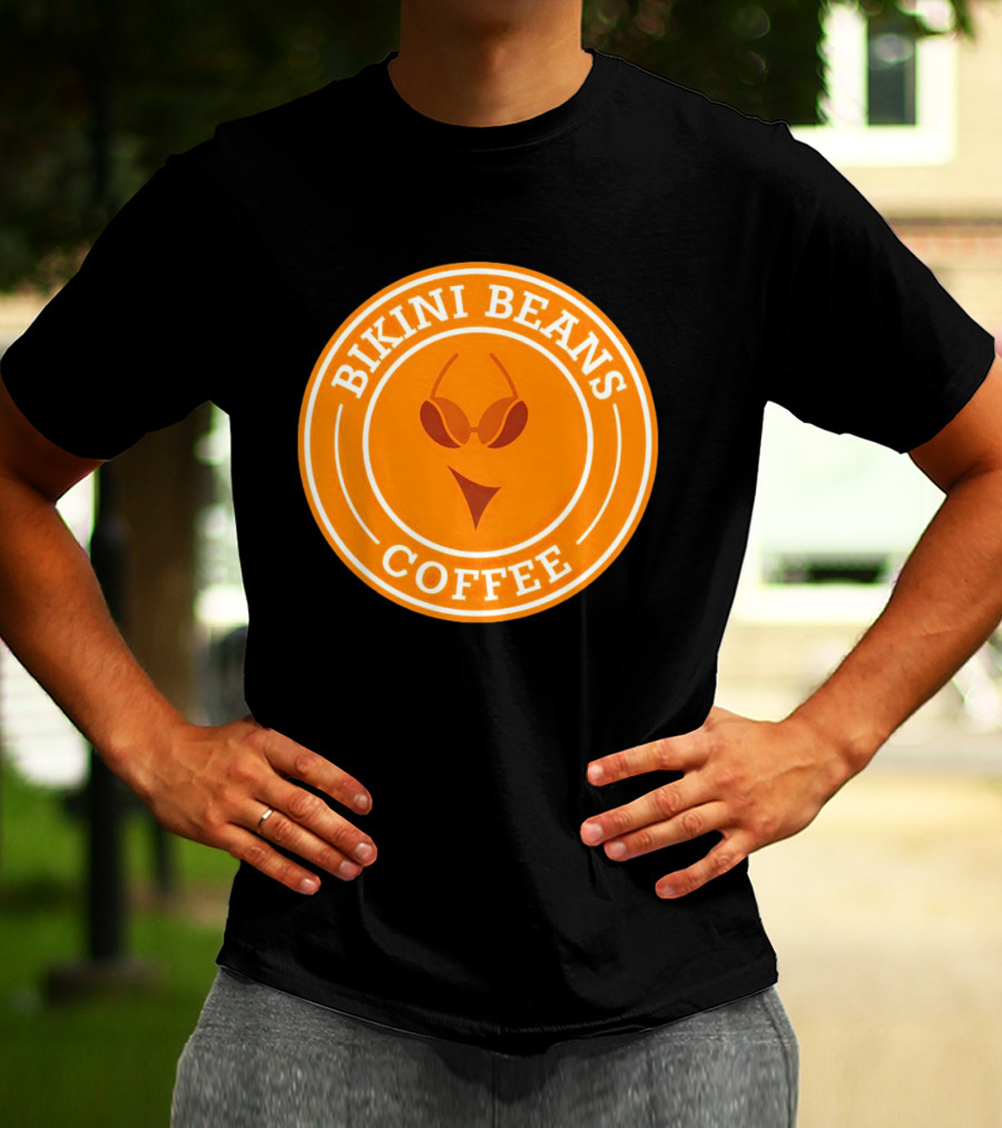 Bikini Beans Coffee Circular Logo With Sunglasses And Orange Background T-Shirt