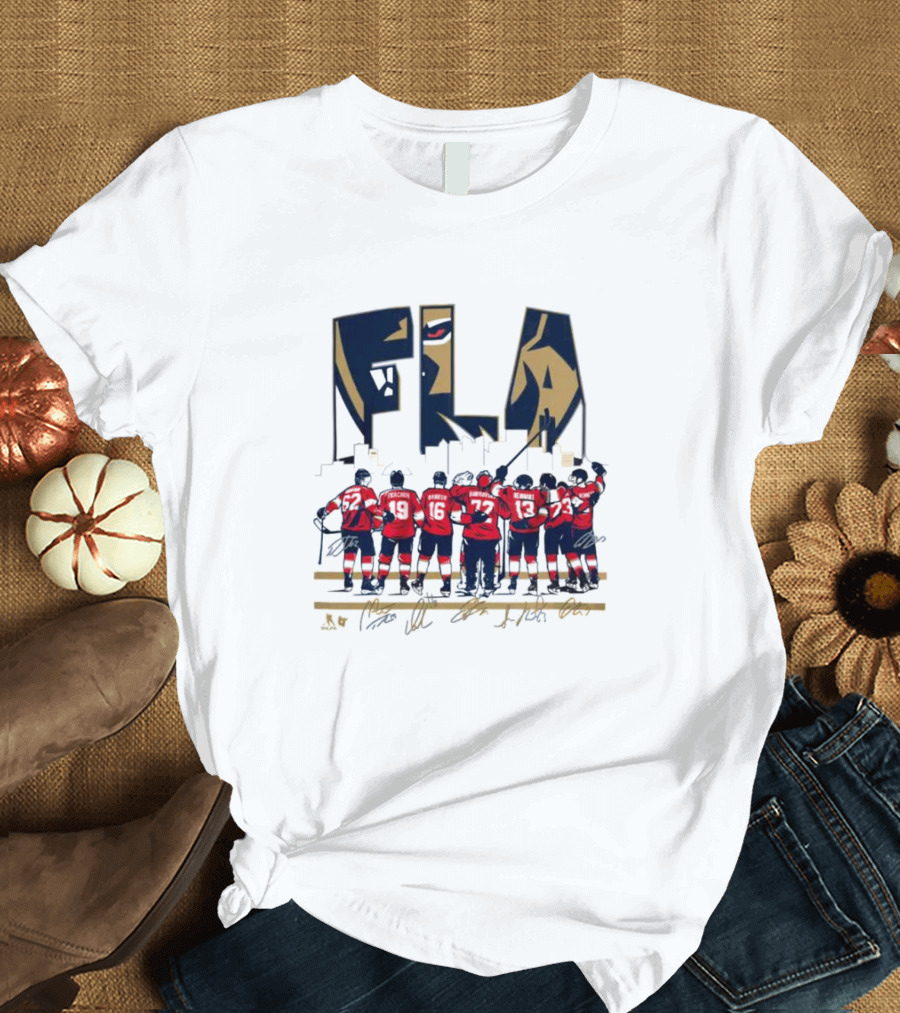 Florida Panthers FLA Team Player Signatures And Hockey T-Shirt