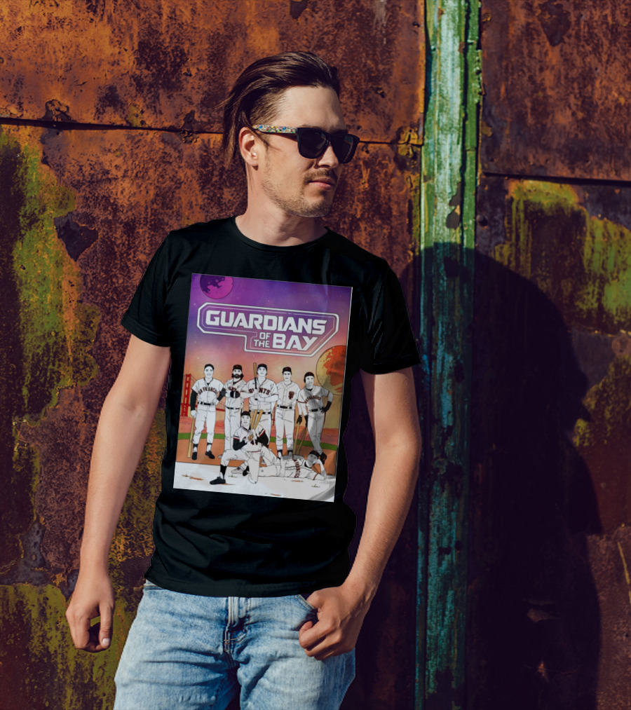 Guardians Of The Bay San Francisco Giants Baseball Players With Golden Gate Bridge And Sunset Background T-Shirt