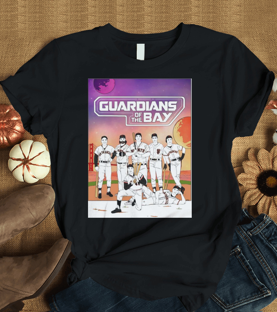 Guardians Of The Bay San Francisco Giants Baseball Players With Golden Gate Bridge And Sunset Background T-Shirt