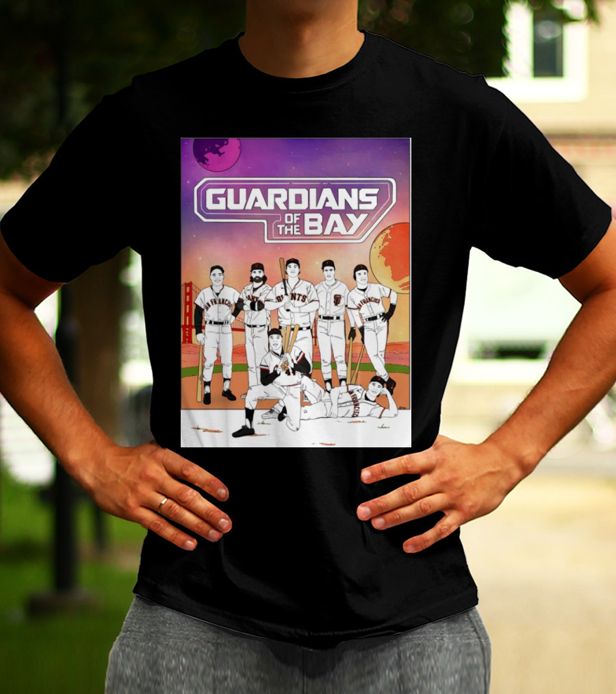 Guardians Of The Bay San Francisco Giants Baseball Players With Golden Gate Bridge And Sunset Background T-Shirt