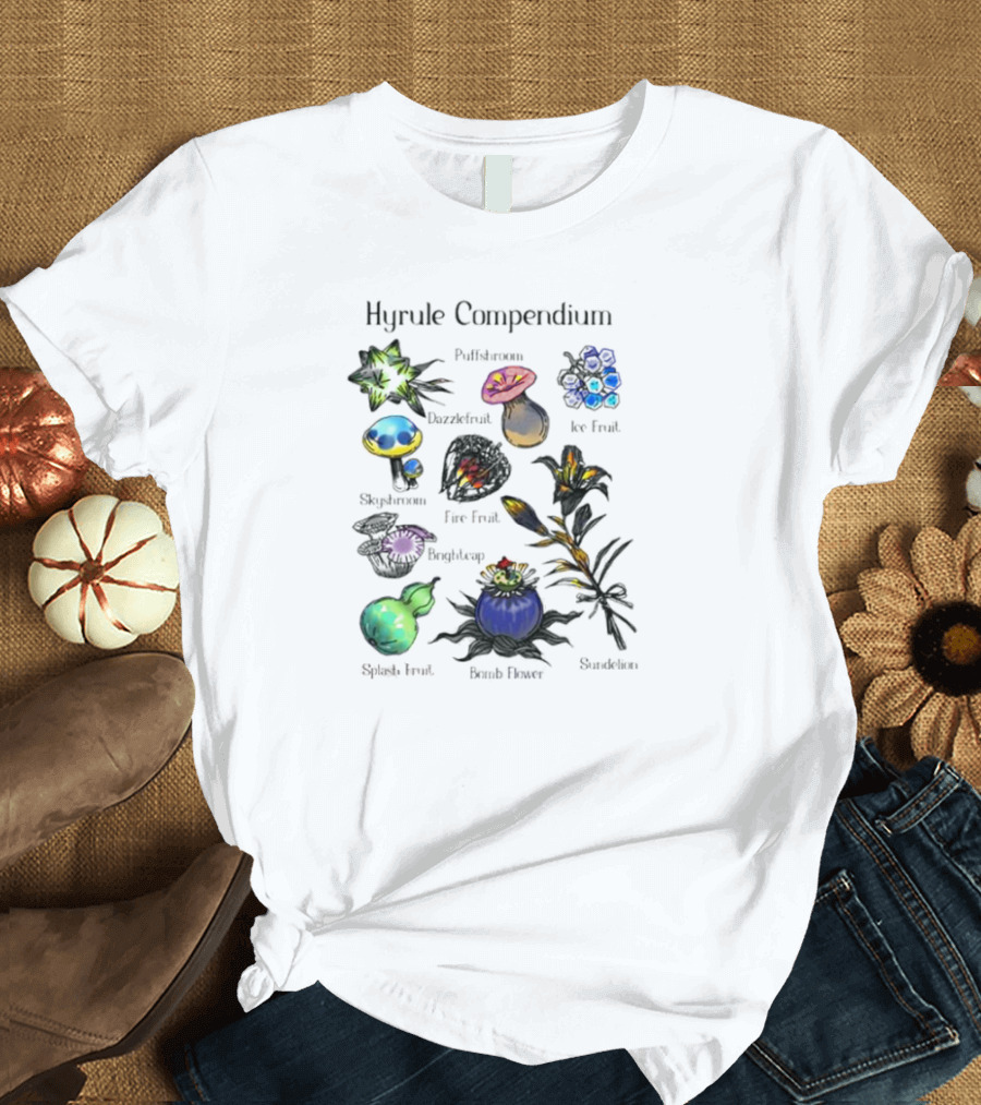 Hyrule Compendium Flora Vol. 2 Featuring Paddockhemp Dazzlefruit Ice Fruit Skippobono Fire Peapod Bomb Stockblossom Splash Fruit T-Shirt