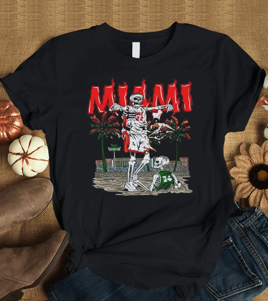 Miami Heat Skeleton Celebrating Over Boston Celtics On Ocean Drive T-Shirt