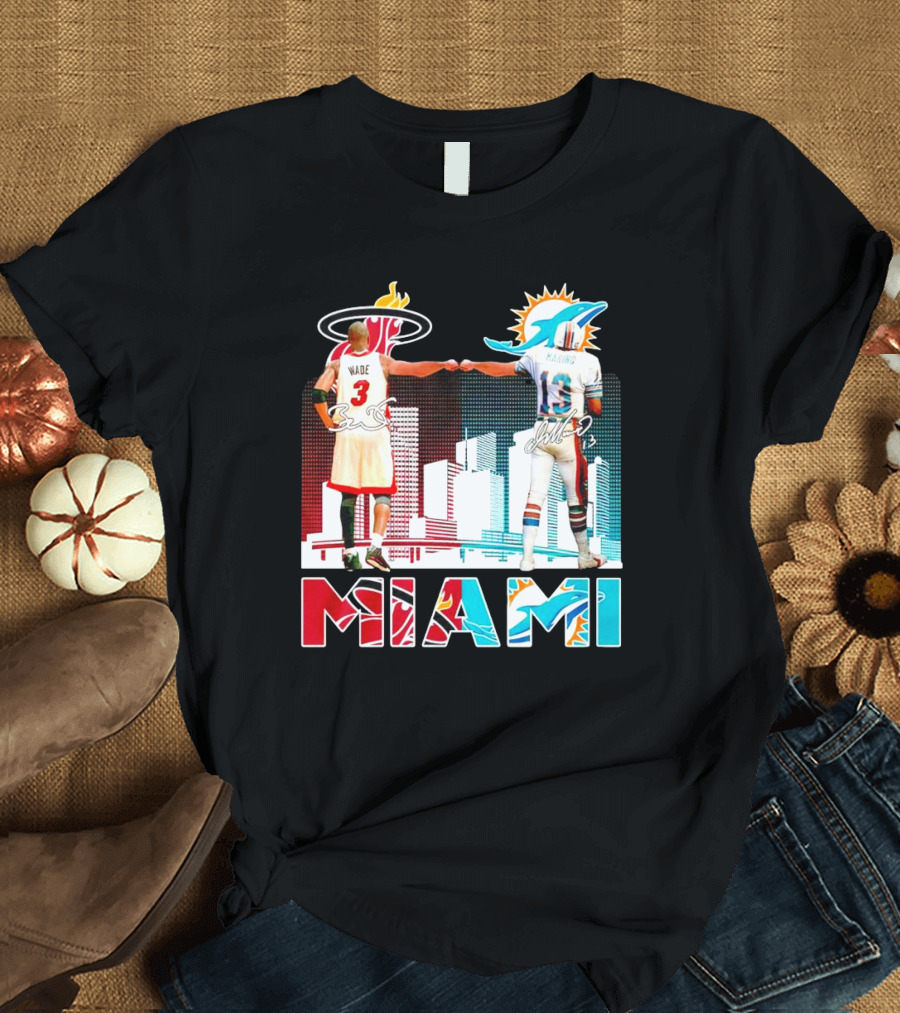 Miami Heat Dwyane Wade And Miami Dolphins Dan Marino Iconic Fist Bump Signatures T-Shirt