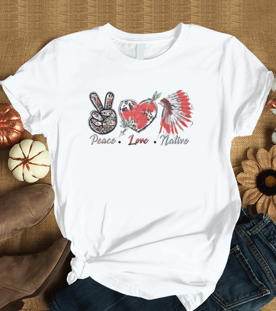 Peace Love Native Red Feather Headdress T-Shirt