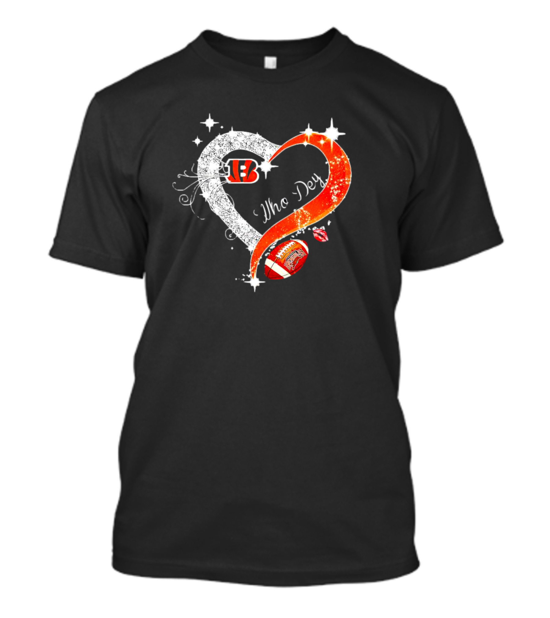 Cincinnati Bengals Who Dey Diamond Heart Football Icon With Logo And Lips T-Shirt