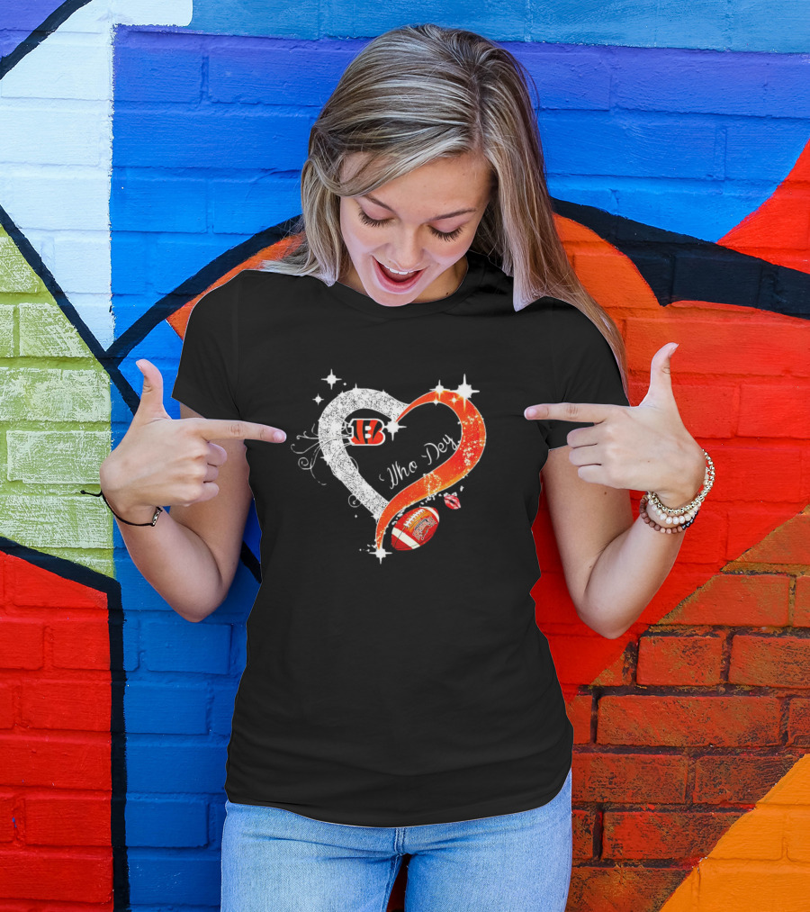 Cincinnati Bengals Who Dey Diamond Heart Football Icon With Logo And Lips T-Shirt