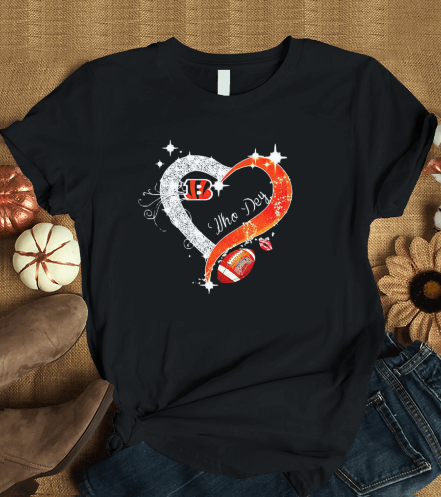 Cincinnati Bengals Who Dey Diamond Heart Football Icon With Logo And Lips T-Shirt