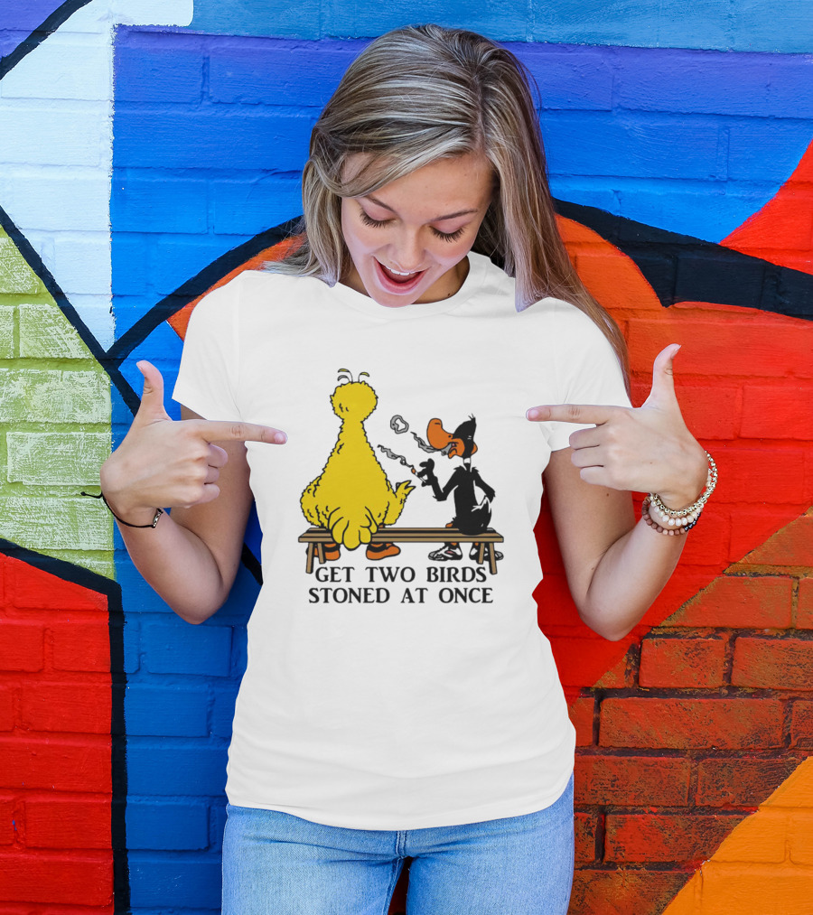 Get Two Birds Stoned At Once Smoking Yellow Black Cartoon Birds Bench T-Shirt