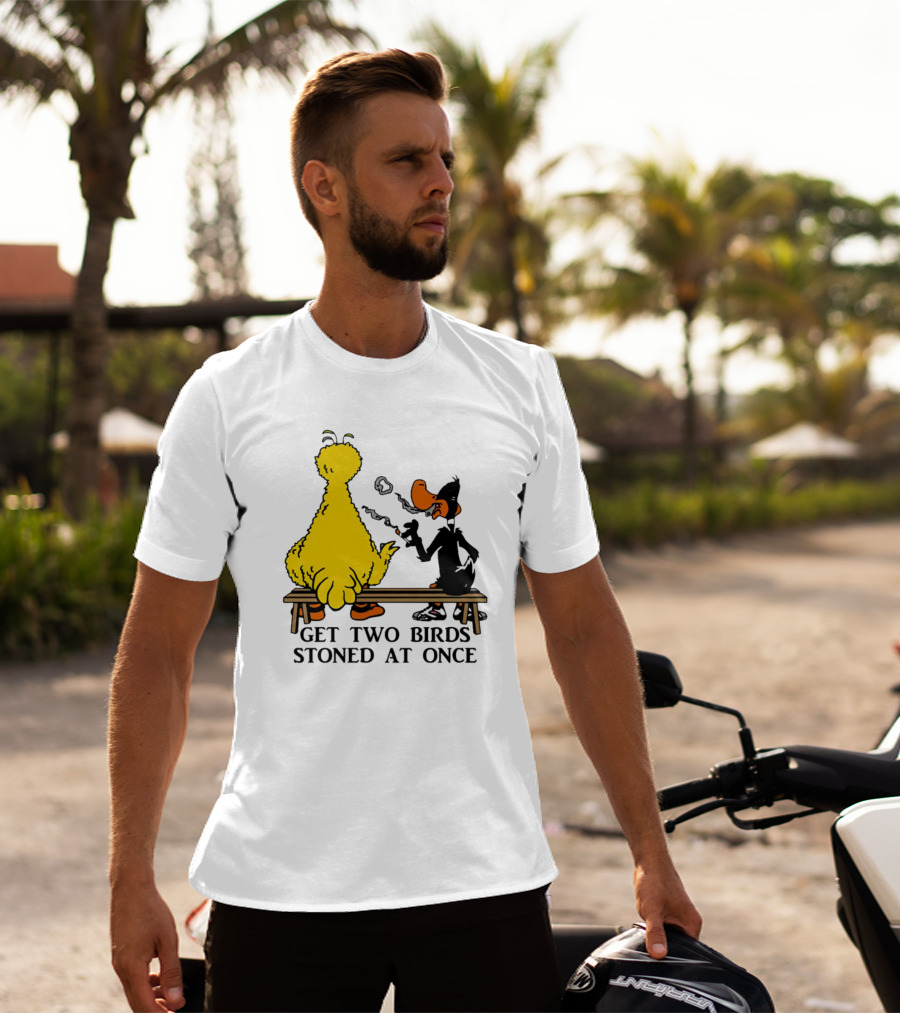 Get Two Birds Stoned At Once Smoking Yellow Black Cartoon Birds Bench T-Shirt
