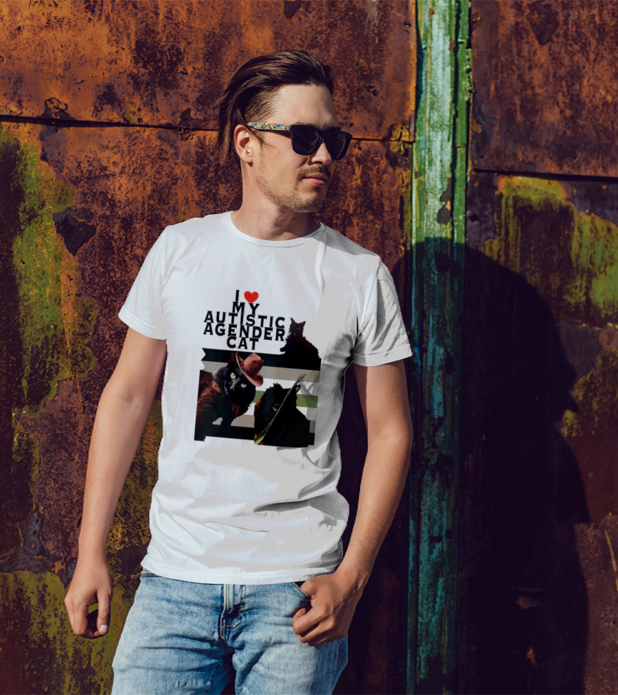I Love My Autistic Agender Cat With Black Cats On Agender Pride Stripes T-Shirt