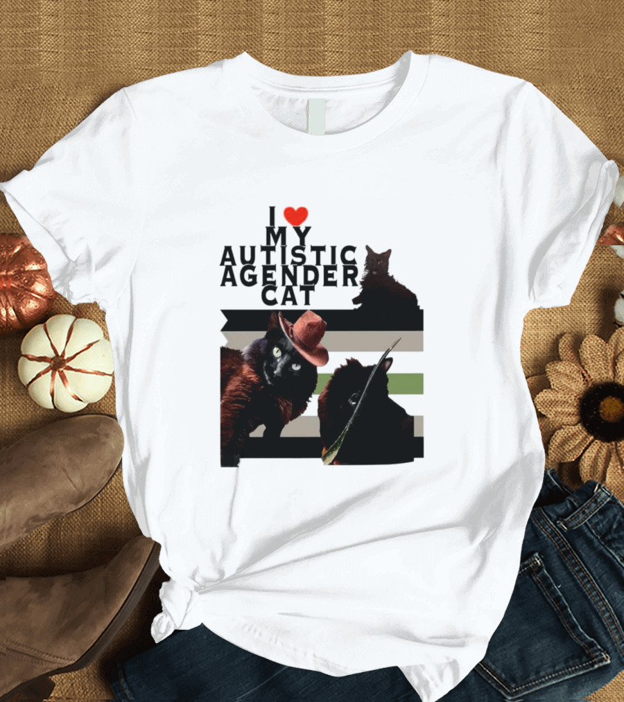 I Love My Autistic Agender Cat With Black Cats On Agender Pride Stripes T-Shirt