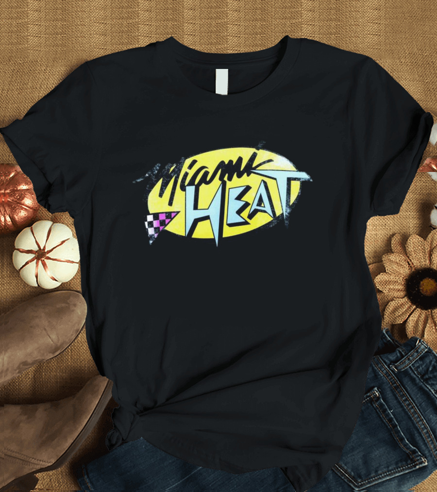 Miami Heat Retro 90s Style Logo With Neon Colors And Checkered Triangle T-Shirt