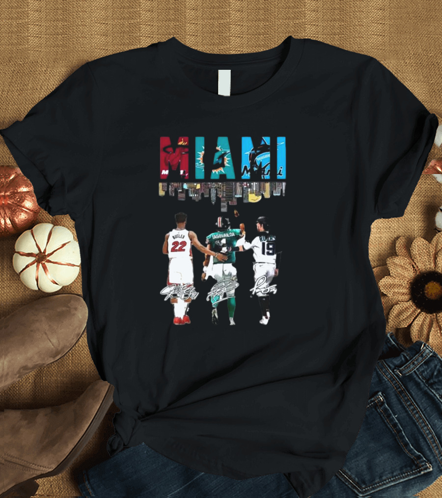 Miami Heat Dolphins Marlins Butler Tagovailoa Rojas Signatures T-Shirt