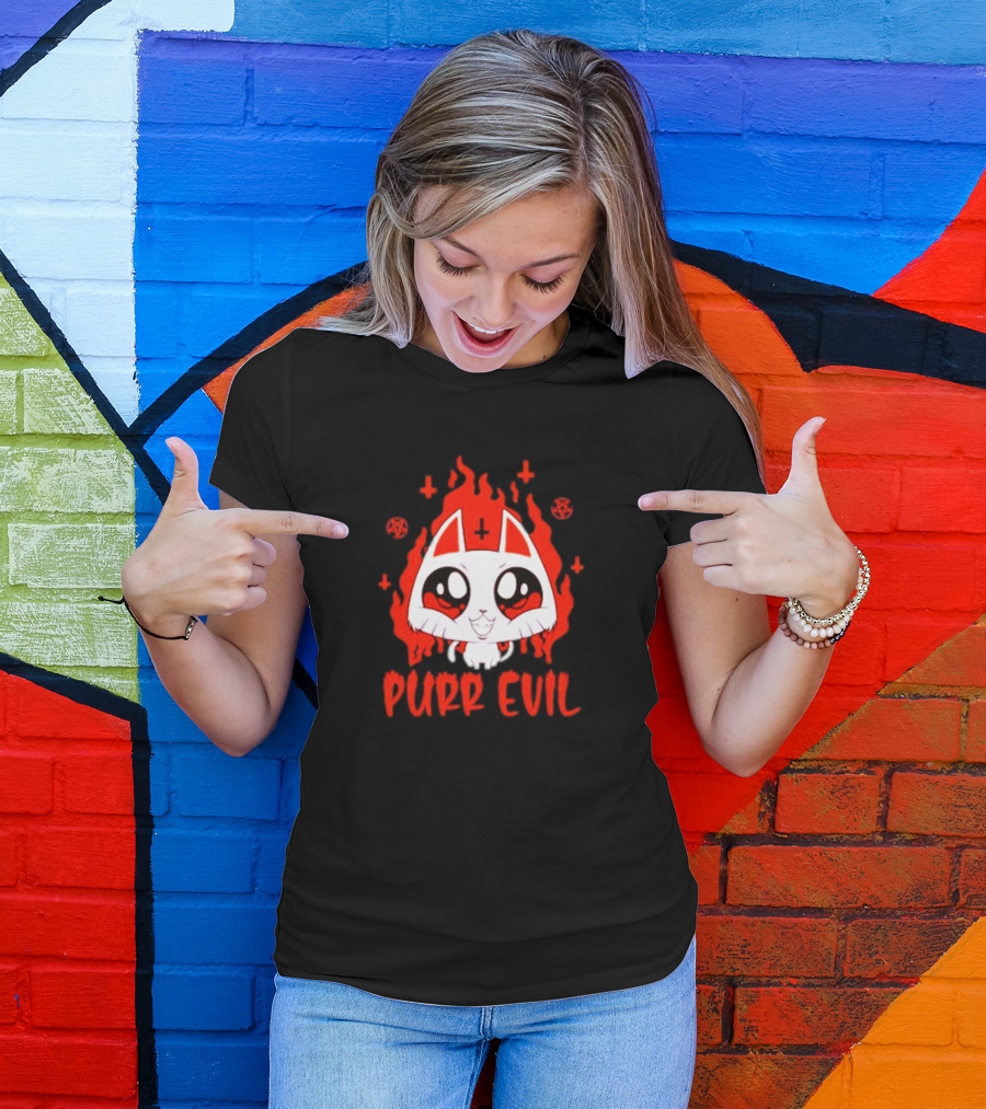 Purr Evil Satan Cat Halloween Flame Pentagram Kawaii T-Shirt