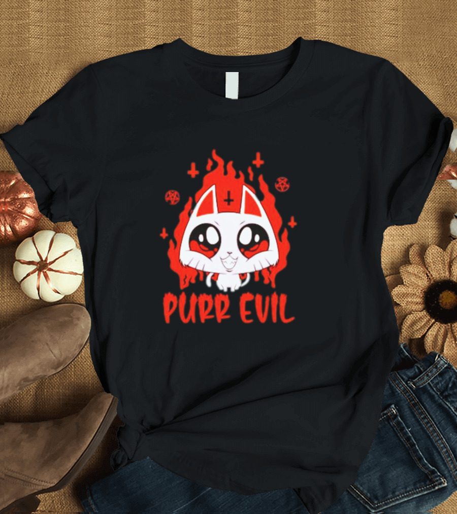 Purr Evil Satan Cat Halloween Flame Pentagram Kawaii T-Shirt