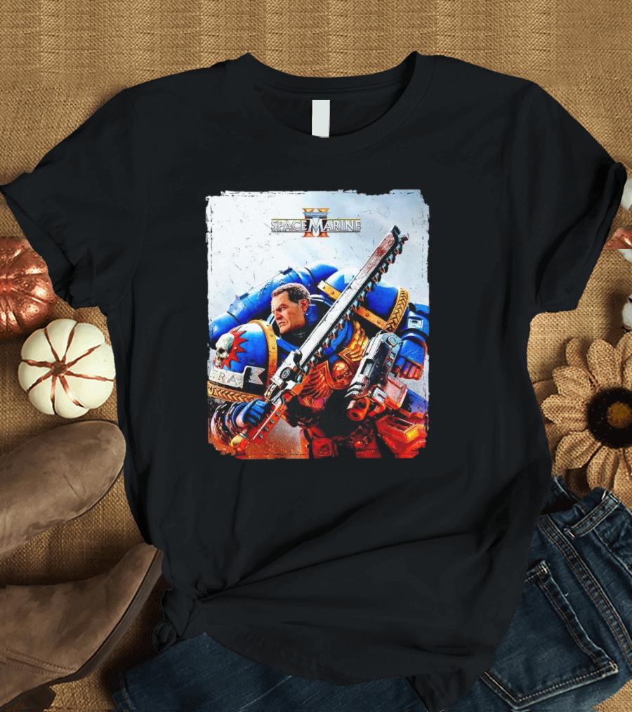 Warhammer 40000 Space Marine 2 Titus Game Art Ultramarine Warrior Battle Scene T-Shirt