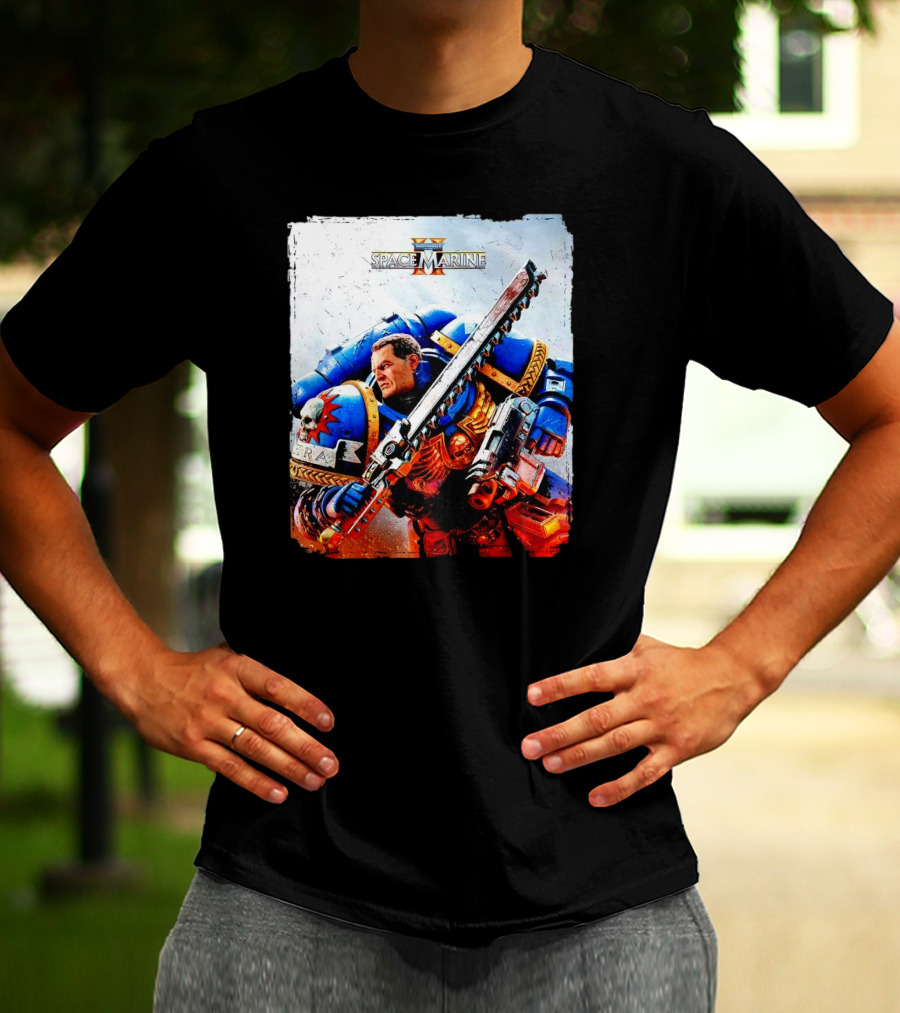 Warhammer 40000 Space Marine 2 Titus Game Art Ultramarine Warrior Battle Scene T-Shirt
