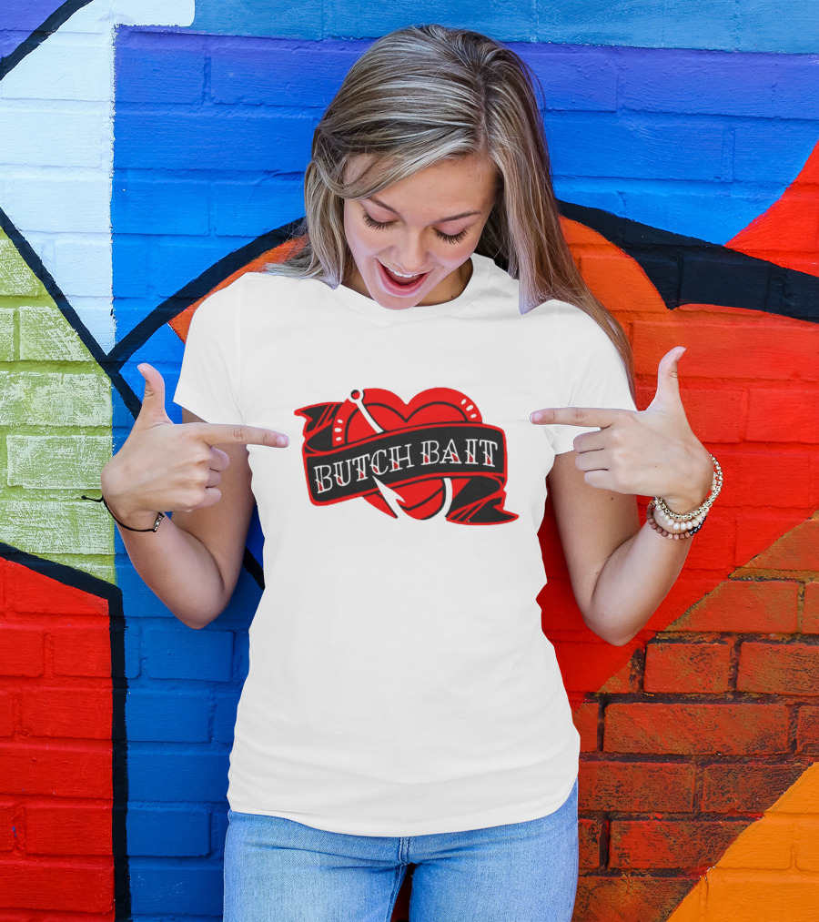 Butch Bait Heart With Fishing Hook Banner T-Shirt
