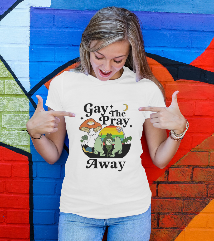 Gay The Pray Away Rainbow Frog Dance With Mushroom And Moon Scene T-Shirt