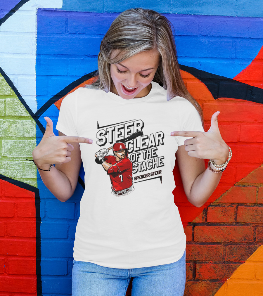 Spencer Steer Clear Of The Stache Baseball Player Illustration With Red Jersey And Bat T-Shirt
