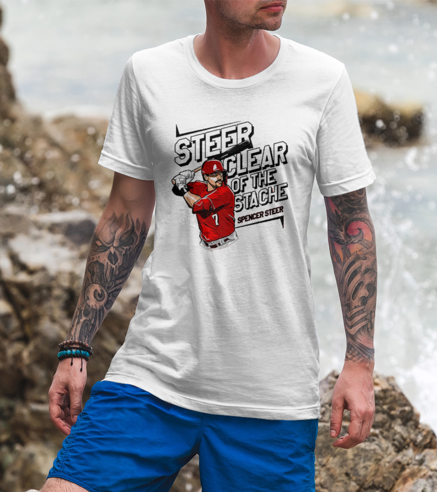 Spencer Steer Clear Of The Stache Baseball Player Illustration With Red Jersey And Bat T-Shirt