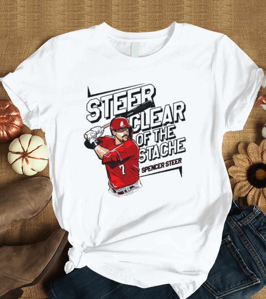 Spencer Steer Clear Of The Stache Baseball Player Illustration With Red Jersey And Bat T-Shirt
