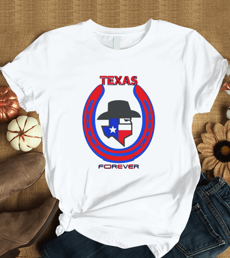 Texas Forever Lone Star Horseshoe Red Blue Cowboy Hat T-Shirt