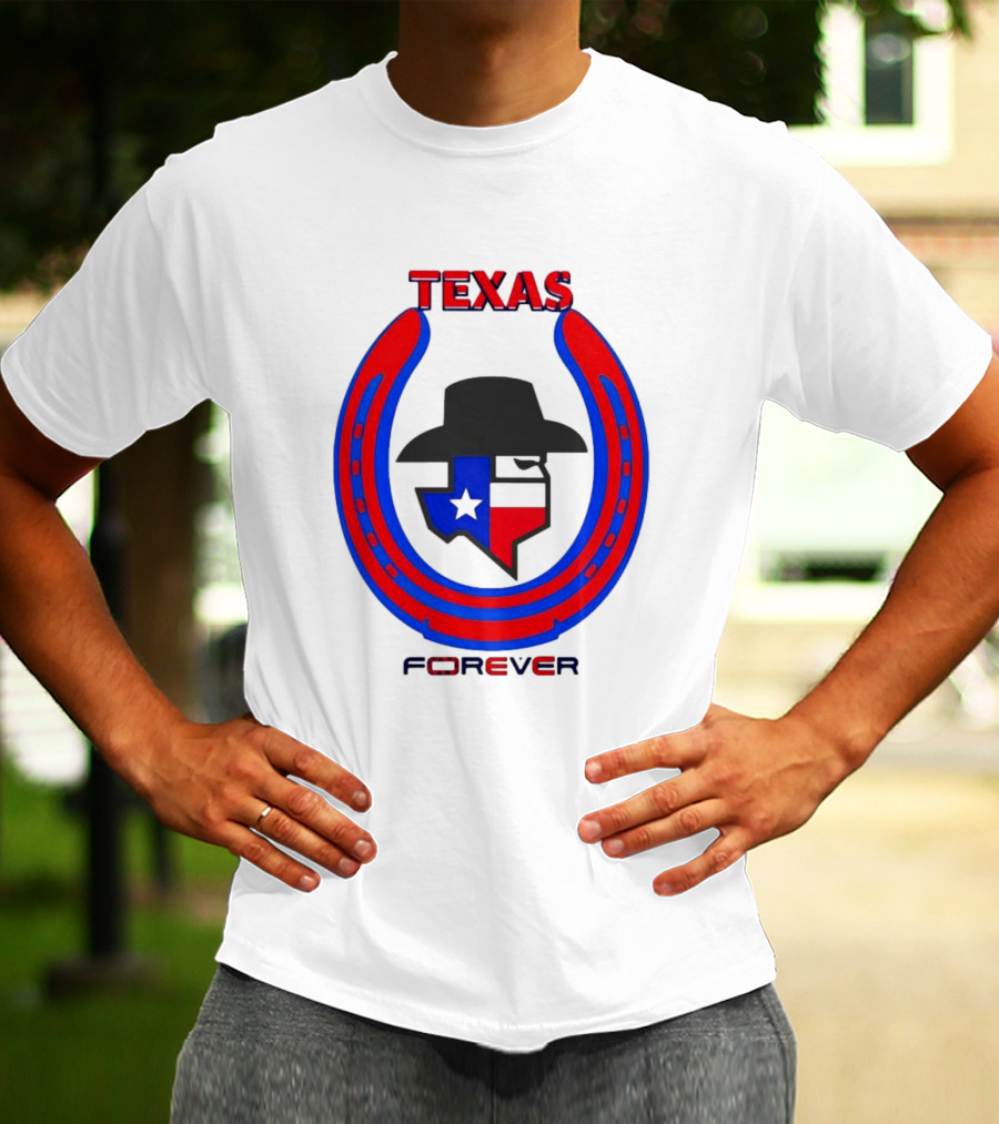 Texas Forever Lone Star Horseshoe Red Blue Cowboy Hat T-Shirt