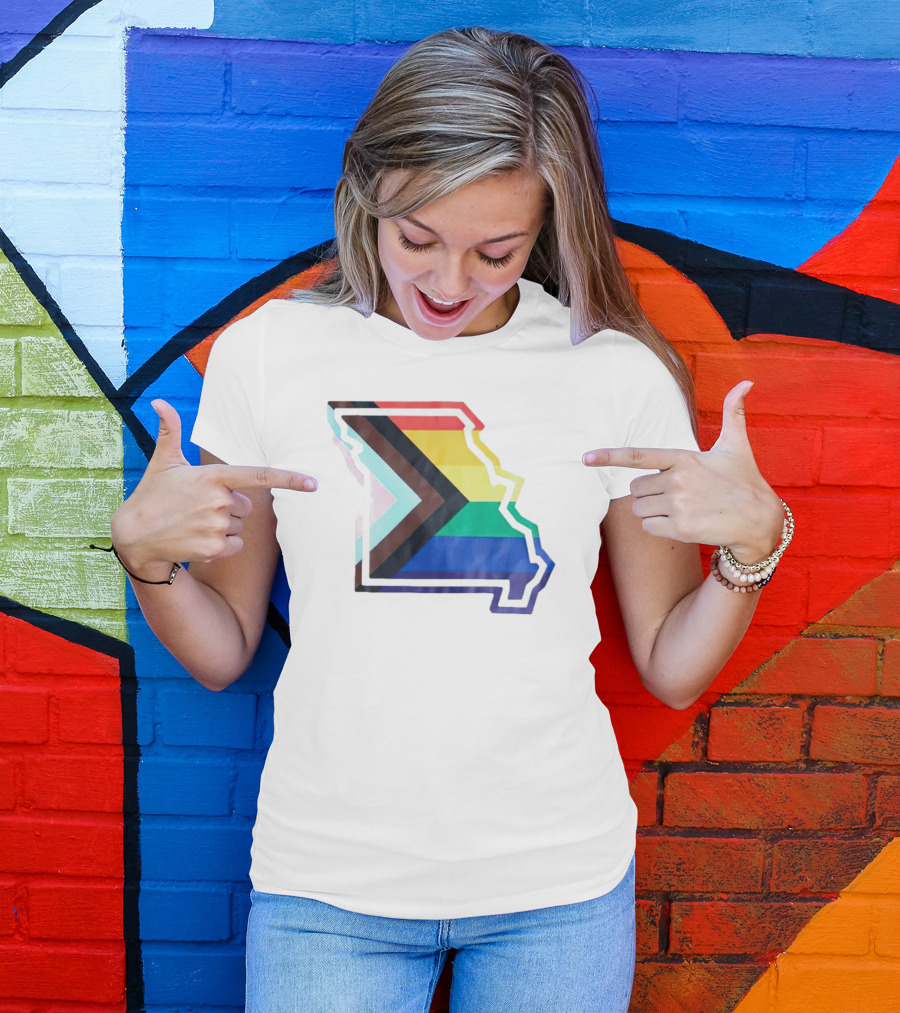 Missouri State Outline With Progress Pride Flag Colors T-Shirt