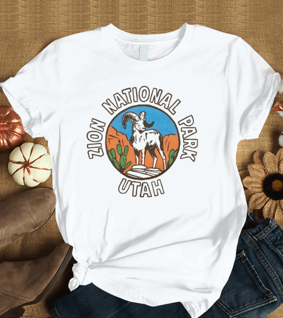 Zion National Park Utah Desert Scene With Bighorn Sheep And Cactus T-Shirt