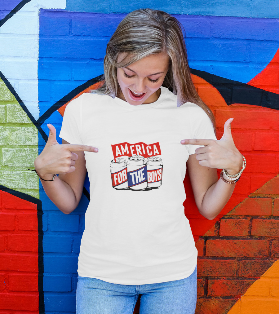 America For The Boys Beer Cans Red And Blue Text T-Shirt