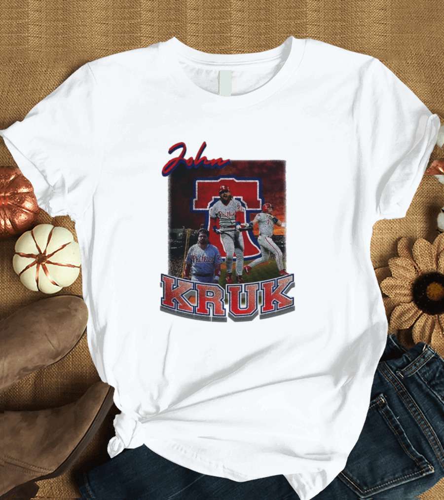John Kruk Phillies Baseball Player Retro Style Red Blue Text T-Shirt