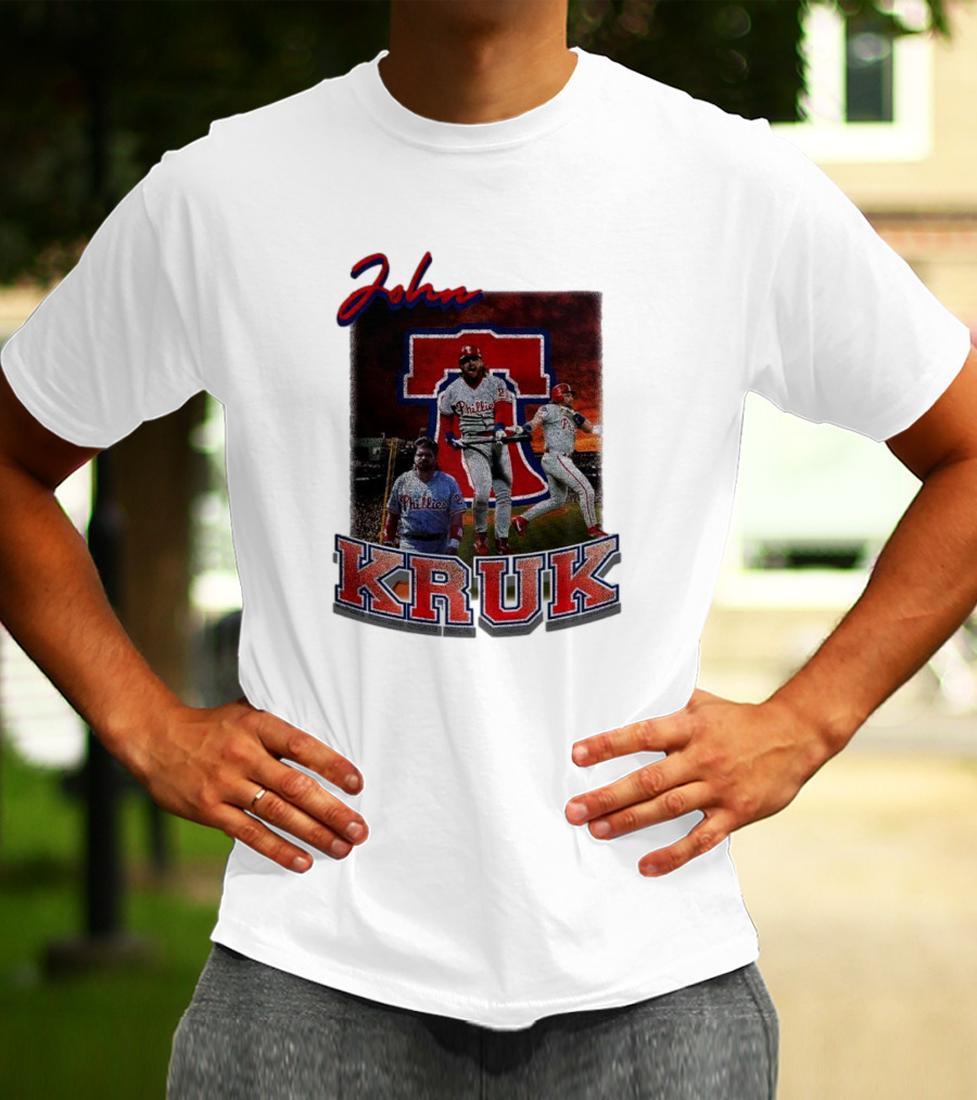 John Kruk Phillies Baseball Player Retro Style Red Blue Text T-Shirt