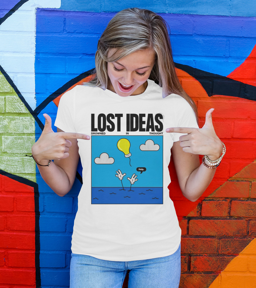 Lost Ideas Drowned In Thought Help Lightbulb Above Water Hands Clouds T-Shirt