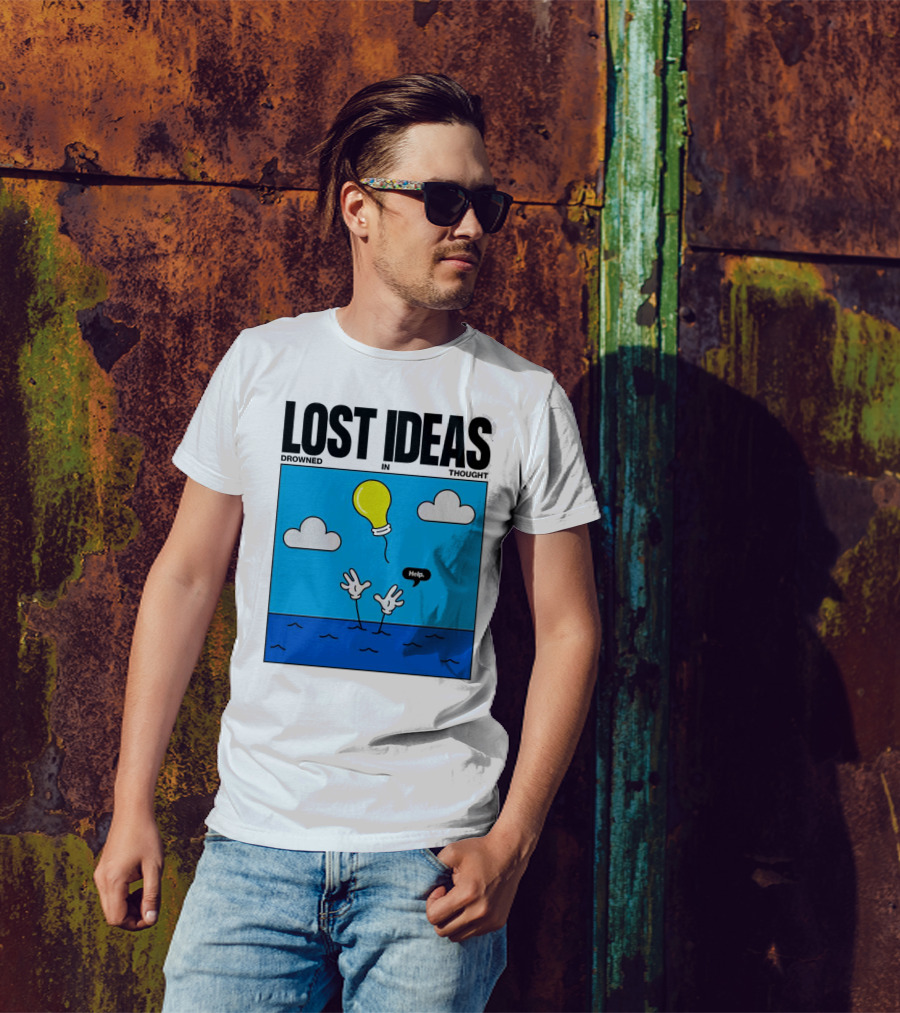 Lost Ideas Drowned In Thought Help Lightbulb Above Water Hands Clouds T-Shirt