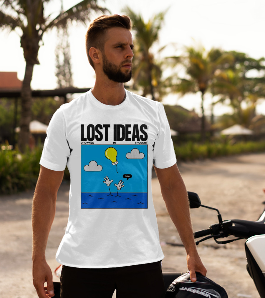 Lost Ideas Drowned In Thought Help Lightbulb Above Water Hands Clouds T-Shirt