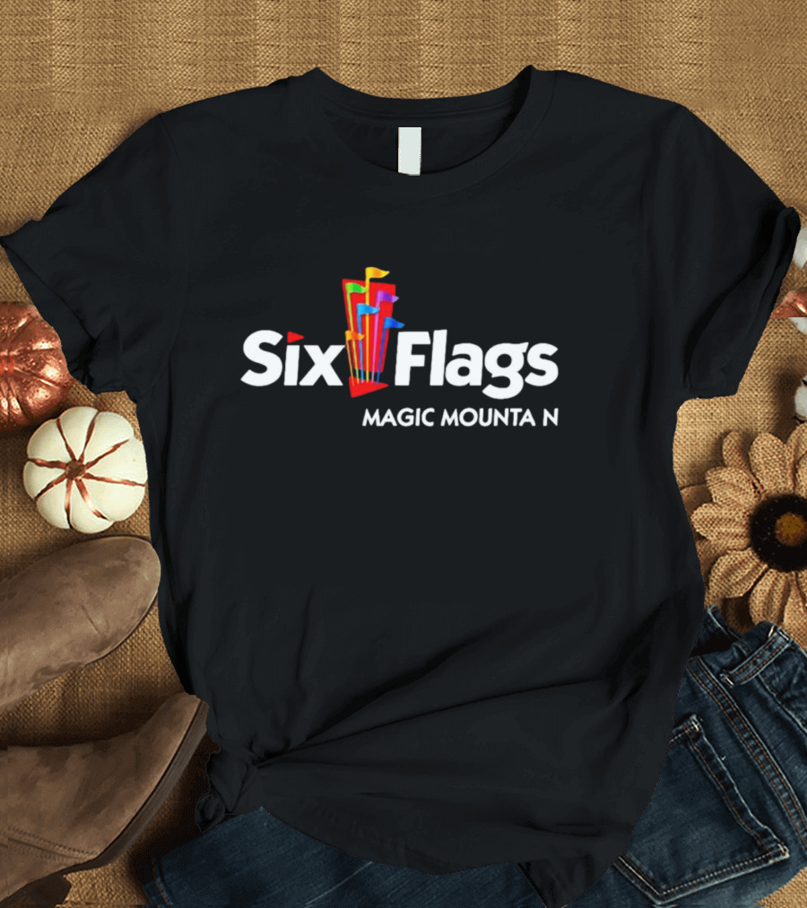 Six Flags Magic Mountain Logo With Colorful Flags T-Shirt