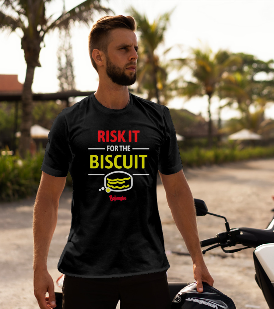Risk It For The Biscuit Bojangles Logo Text In Red And Yellow With Biscuit T-Shirt