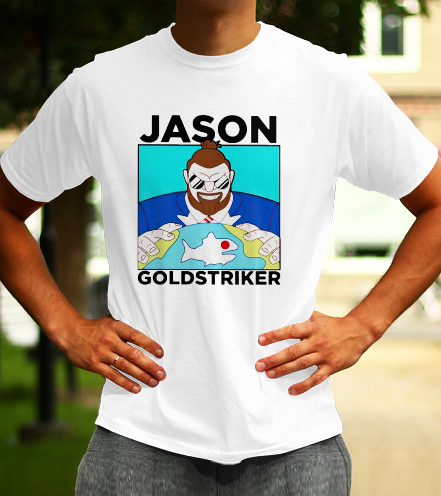 JASON GOLDSTRIKER Bold Character Holding Map With Red Marker T-Shirt