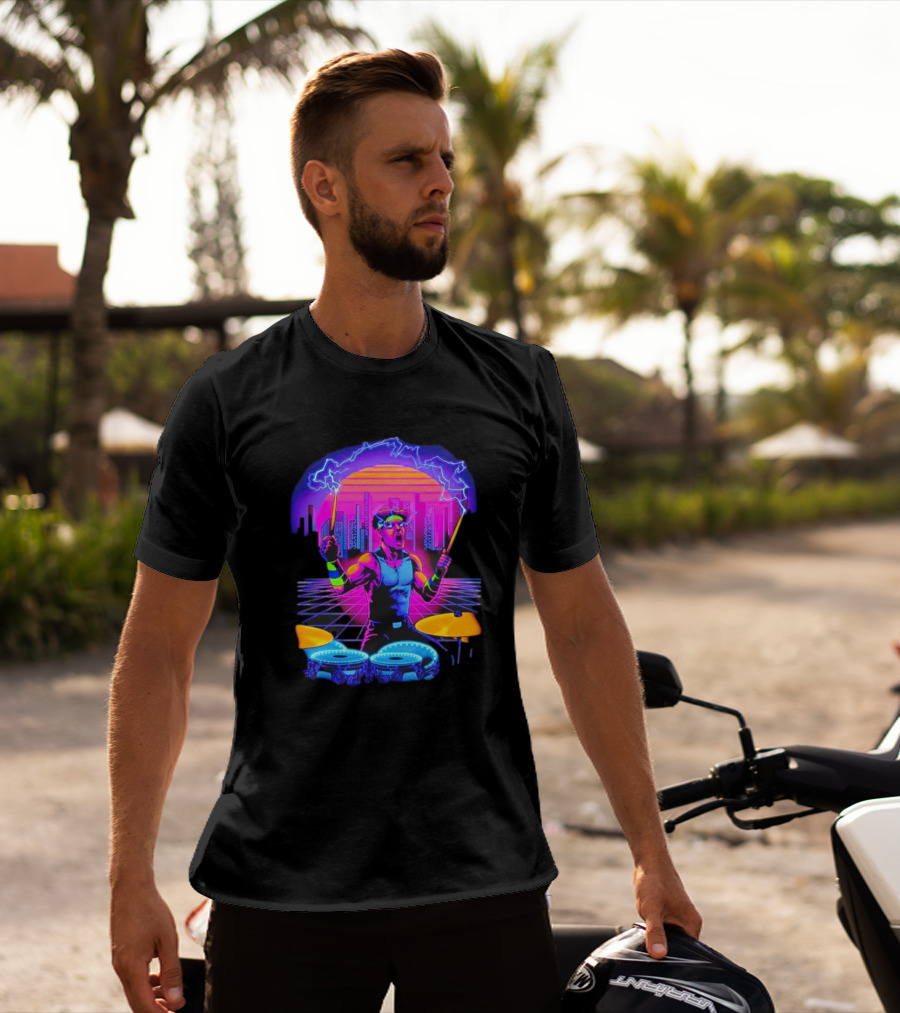 Drumatron Neon City Electric Drummer In Retro Futuristic Skyline T-Shirt